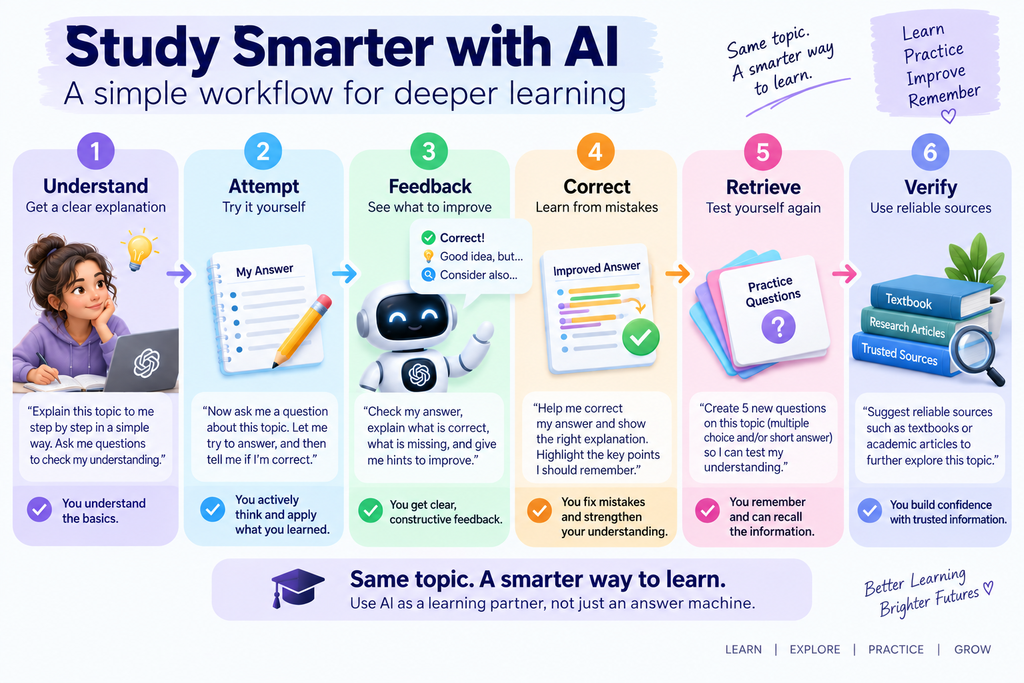 AI study workflow showing six steps for deeper learning: understand, attempt, get feedback, correct mistakes, retrieve knowledge, and verify with reliable sources.