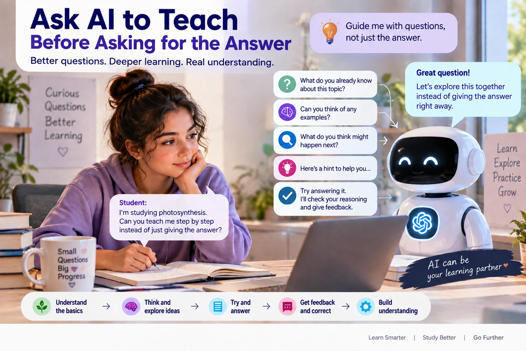 Student using an AI tutor to learn through questions, hints, feedback, and active thinking instead of receiving direct answers.