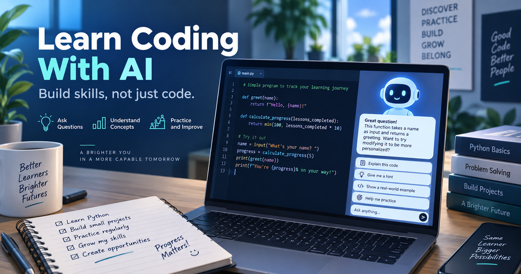 Learn coding with AI using Python, guided questions, explanations, and hands-on practice.