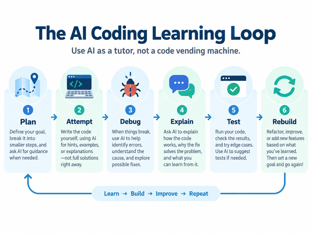 AI coding learning loop showing the steps plan, attempt, debug, explain, test, and rebuild.
