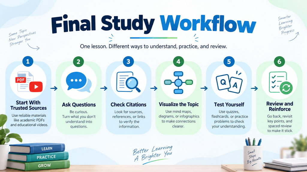 An infographic titled Final Study Workflow showing six study steps: start with trusted sources, ask questions, check citations, visualize the topic, test yourself, and review and reinforce.