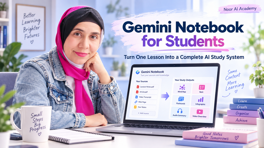 Gemini Notebook for students study workflow showing mind maps, quizzes, flashcards, audio summaries, and video overviews.