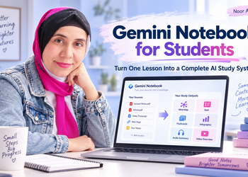 Gemini Notebook for students study workflow showing mind maps, quizzes, flashcards, audio summaries, and video overviews.