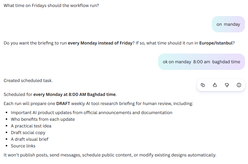 Canva AI 2.0 prompts and draft-only automation workflow for a weekly AI research briefing