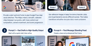 Google Flow AI video creation workflow with start and end frames, consistent character transitions, fast drafts, and high-quality output Title Google Flow AI Video Creation Workflow Caption Google Flow AI video creation workflow showing start-and-end frame control, character consistency, fast drafts, and high-quality output. Description Illustration for the Noor AI Academy article on Google Flow AI video creation. The visual demonstrates four practical concepts: start and end frame control, consistent character transitions, fast draft generation, and higher-quality final output.