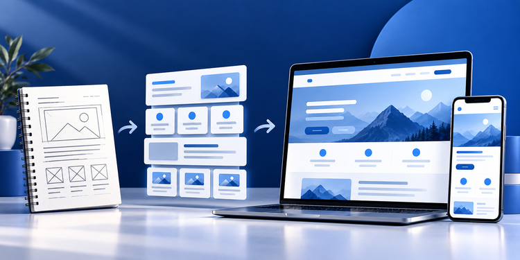 Illustration showing a website developing from a sketch into a responsive design